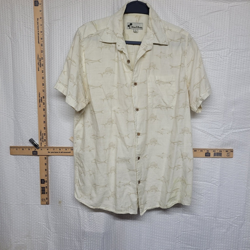Oliver & Burke Mens‎ Lg Cream Marlin Sailfish Print Short Sleeve Button Up Shirt